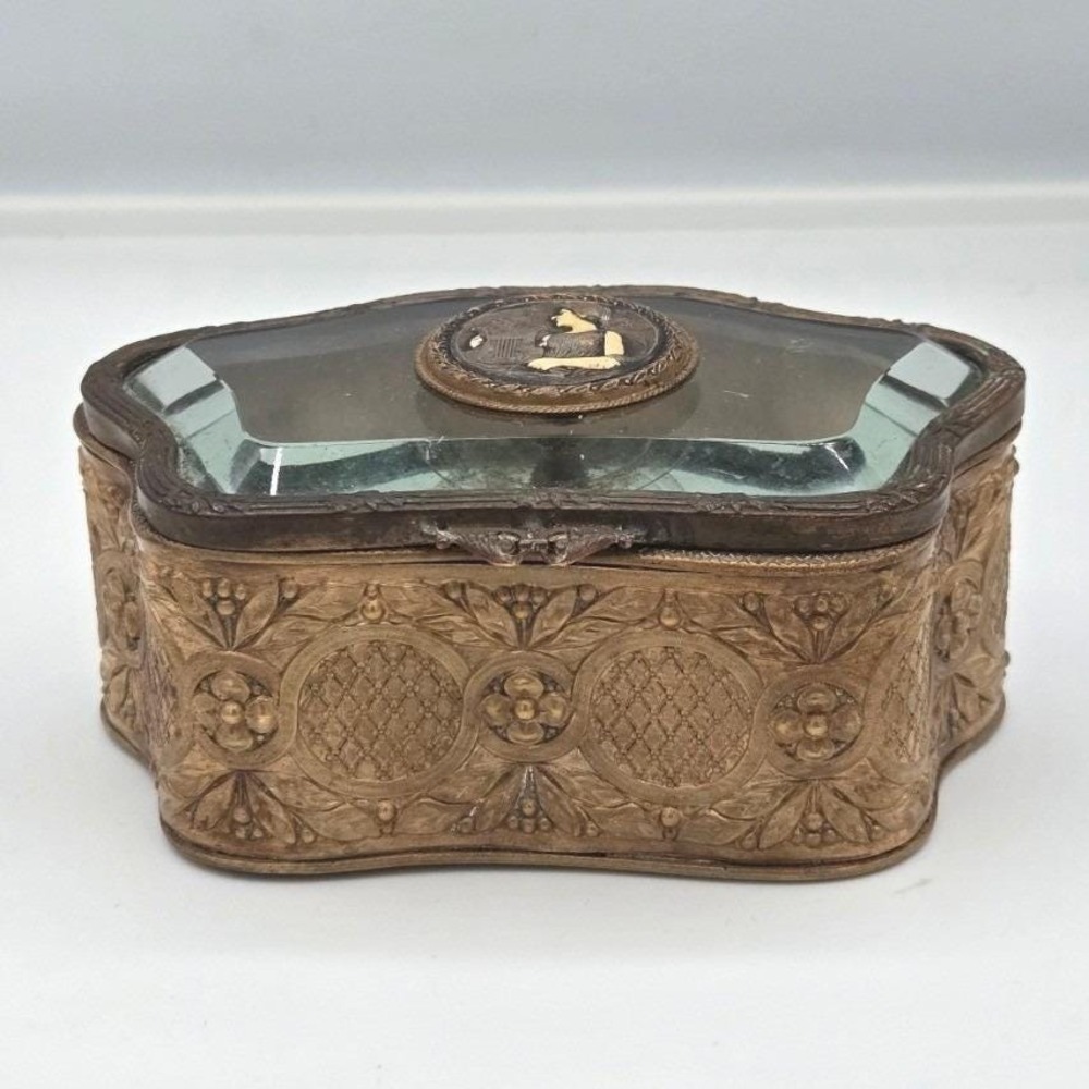 Antique‎ Ormolu Beveled Glass Trinket Casket Jewelry Box - Victorian Art Nouveau